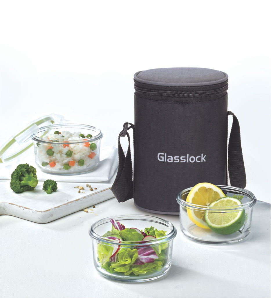 Glasslock Airtight Tempered Lunch Set, Microwave Safe, with Bag