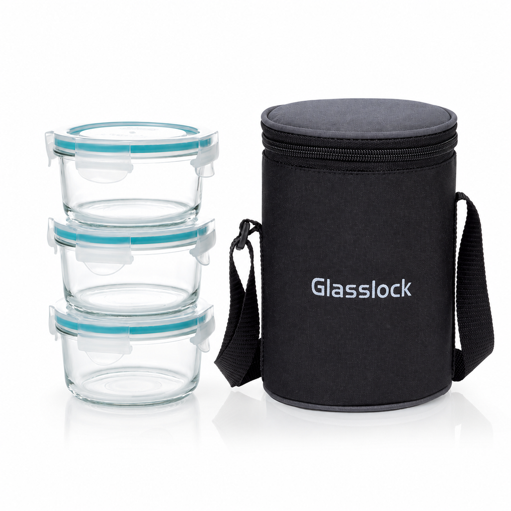 Glasslock Airtight Tempered Lunch Set, Microwave Safe, with Bag