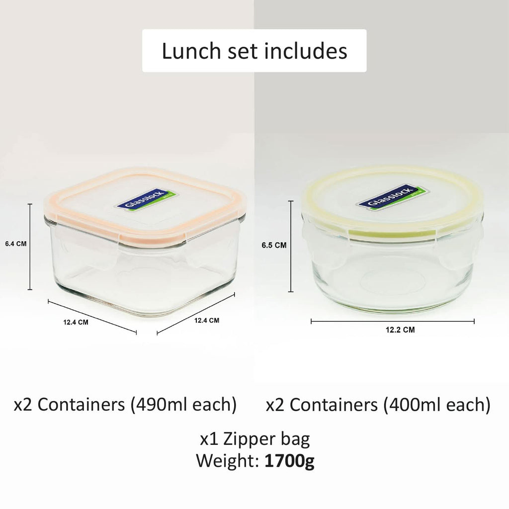 Glasslock Airtight Tempered Lunch Set, Microwave Safe, with Bag