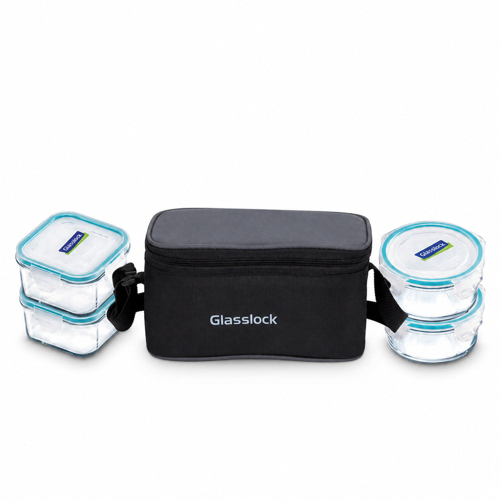 Glasslock Airtight Tempered Lunch Set, Microwave Safe, with Bag