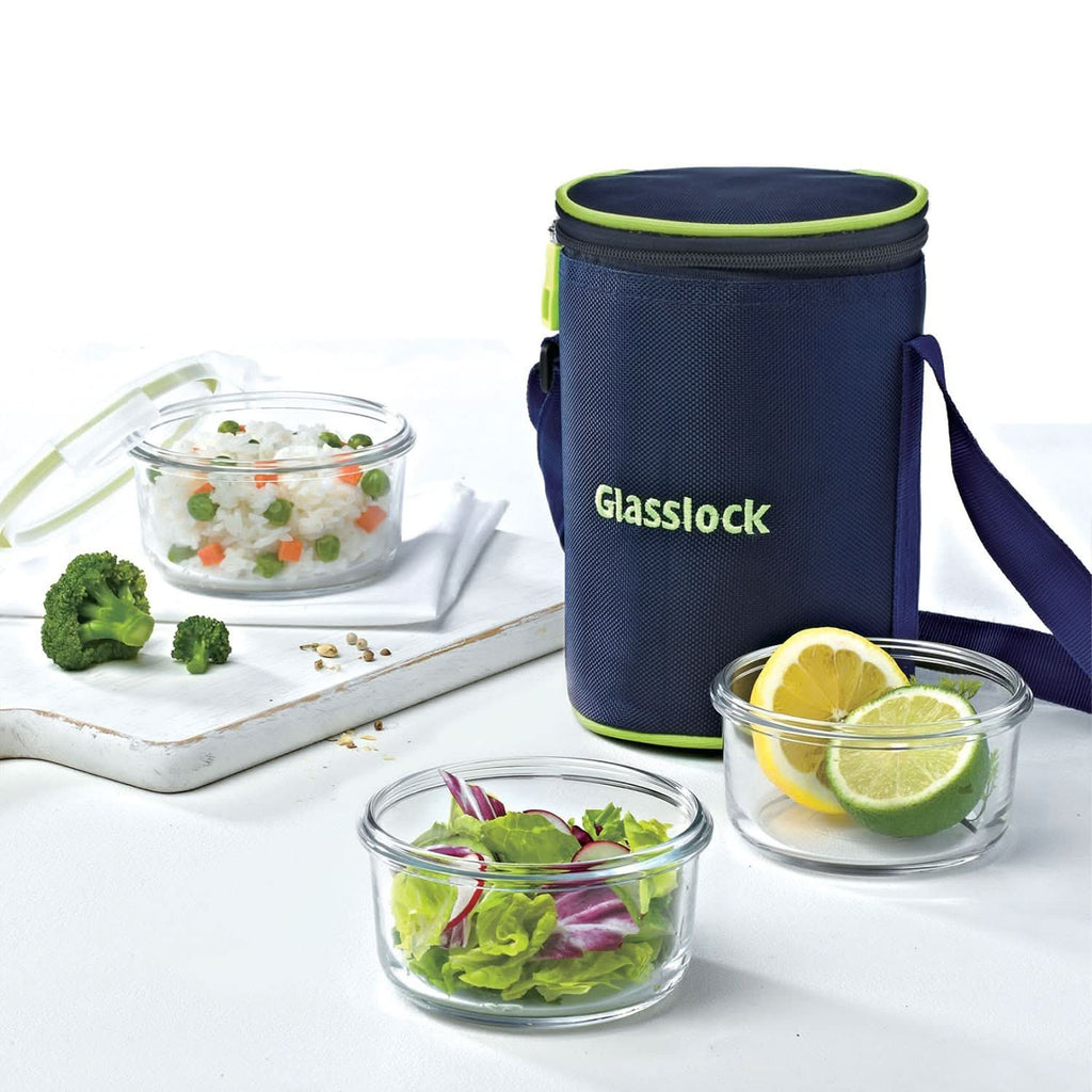 Glasslock Airtight Tempered Lunch Set, Microwave Safe, with Bag
