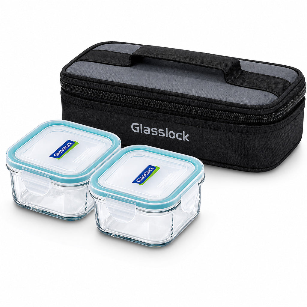Glasslock Airtight Tempered Lunch Set, Microwave Safe, with Bag