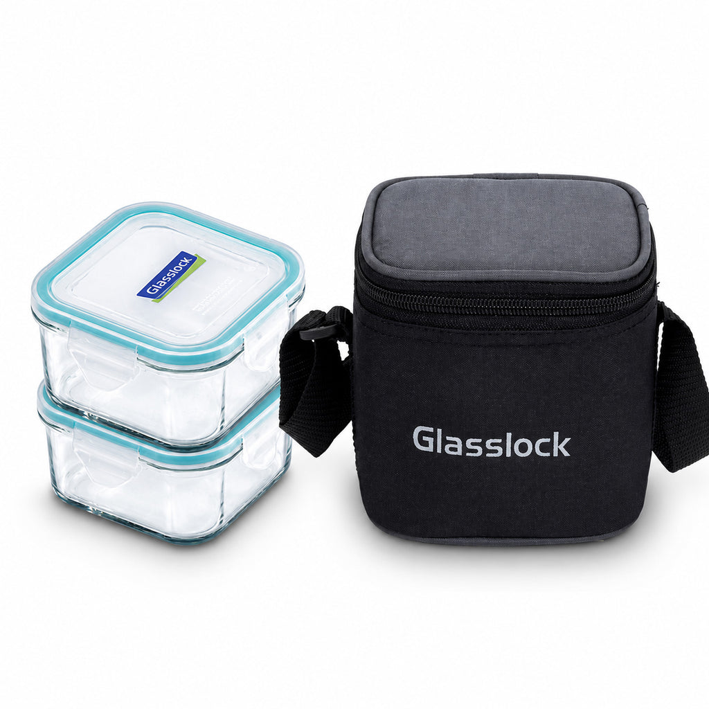 Glasslock Airtight Tempered Lunch Set, Microwave Safe, with Bag