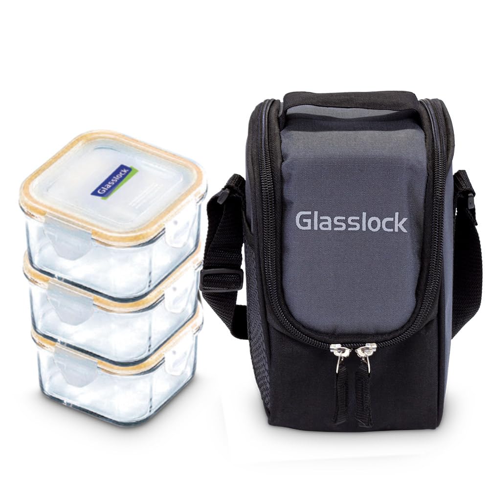 Korea Glasslock 2 Compartment Glass Lunchbox 1000 ml-Carry Bag&Utensils  Included